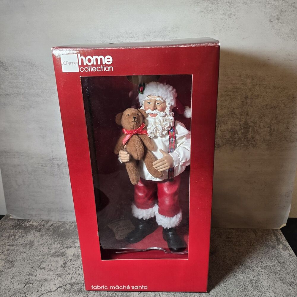 JCPenney Santa & Teddy Bear 11" Fabric Mache Clothtique Suspenders New Open Box